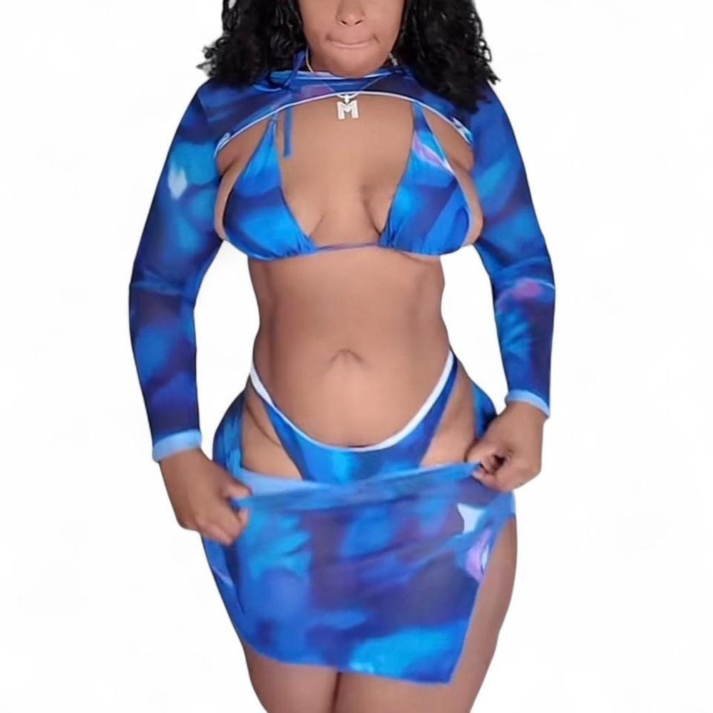 Blue mesh long sleeve BIKINI skirt set SIZE LARGE